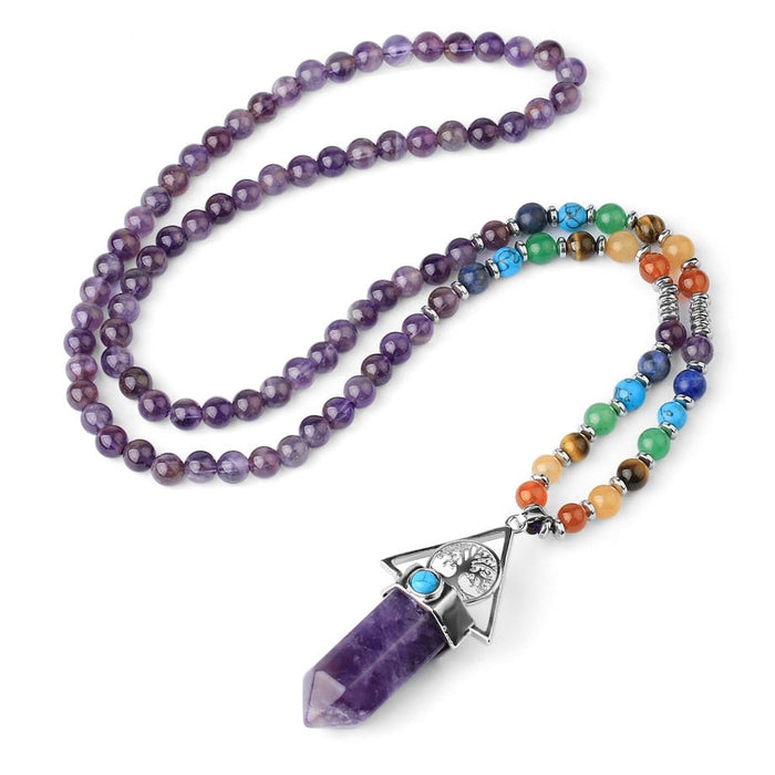 108 Natural Amethyst and Chakras Beads Necklace with Tree of Life