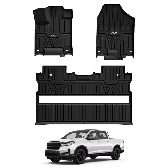 Full set of 3W black custom fit floor mats including driver passenger and 2nd row liner shown above white 2017-2026 Honda Ridgeline pickup truck