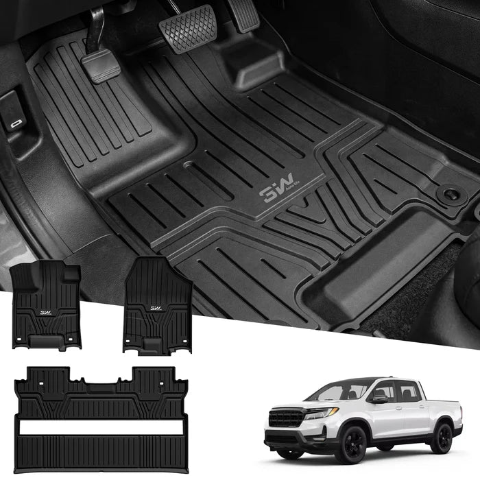 Full set of 3W black custom fit floor mats including driver passenger and 2nd row liner shown above white 2017-2026 Honda Ridgeline pickup truck