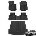 A top-down product photograph of the 3W all-weather TPE floor mats and cargo mat set, designed for Toyota RAV4 Hybrid/Prime (2019-2025). A white Toyota RAV4 vehicle model is included in the frame to demonstrate the precise fitment.