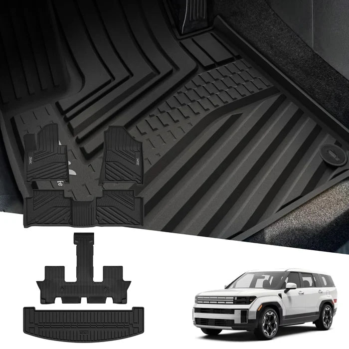 3W Floor Mats & Cargo Liner Fit for 2024 2025 Hyundai Santa Fe (Not for Hybrid) Only 6 Seats, TPE All Weather Floor Liner Heavy Duty Car Accessories, Anti-Slip Full Set Floor Liner,Black