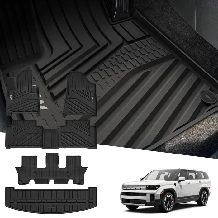 3W Floor Mats & Cargo Liner Fit for 2024 2025 Hyundai Santa Fe (Not for Hybrid) Only 7 Seats, TPE All Weather Floor Liner Heavy Duty Car Accessories, Anti-Slip Full Set Floor Liner,Black