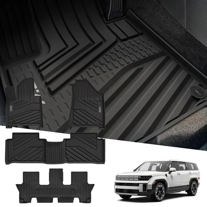 3W Floor Mats Fit for 2024 2025 Hyundai Santa Fe (Not for Hybrid) Only 7 Seats, TPE All Weather Floor Liner Heavy Duty Car Accessories, Anti-Slip 1st & 2nd Rows Floor Liners, Black