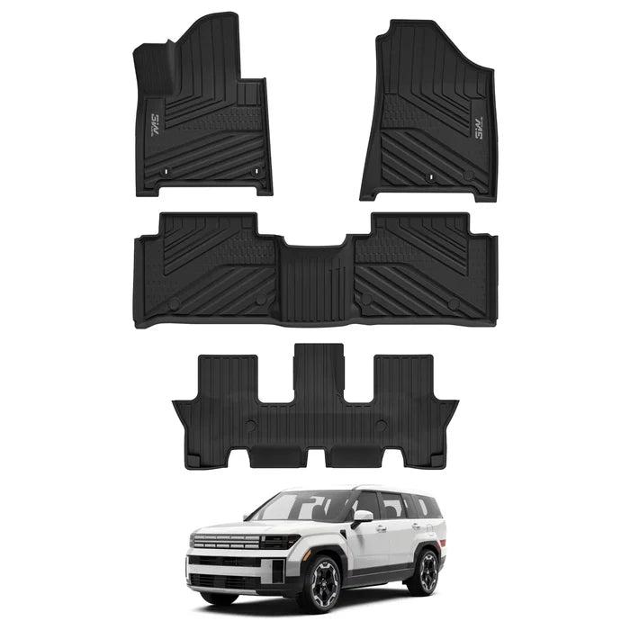3W Floor Mats Fit for 2024 2025 Hyundai Santa Fe (Not for Hybrid) Only 7 Seats, TPE All Weather Floor Liner Heavy Duty Car Accessories, Anti-Slip 1st & 2nd Rows Floor Liners, Black