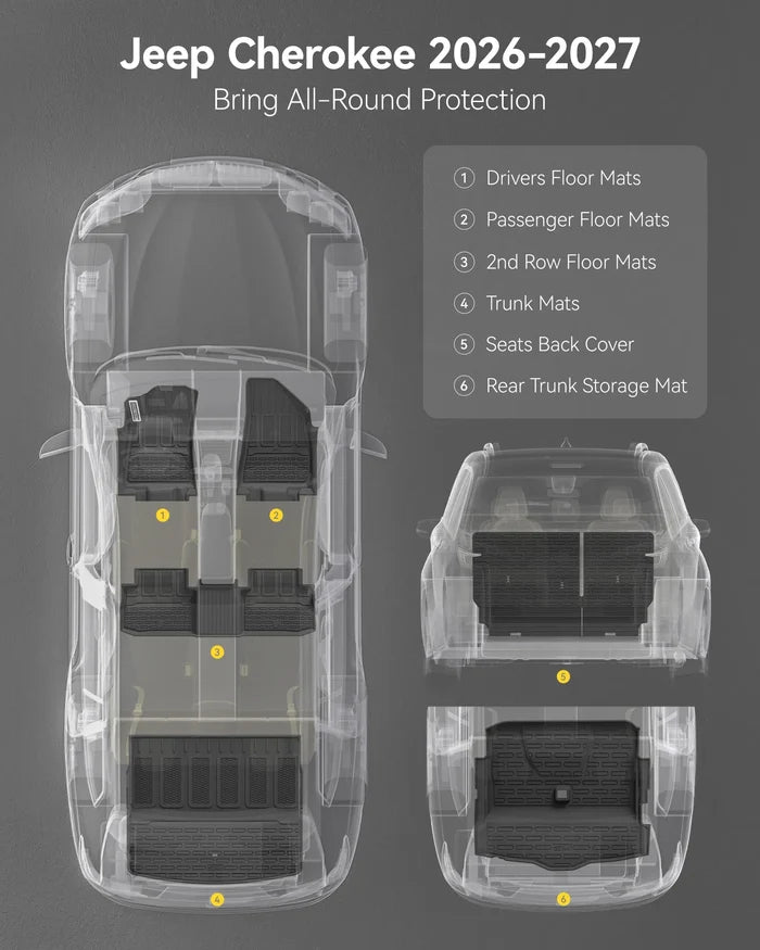 3W Jeep Cherokee 2026-2027 Custom Floor Mats / Trunk Mat / Seat Back Protector Thorex™ All-Weather Protection