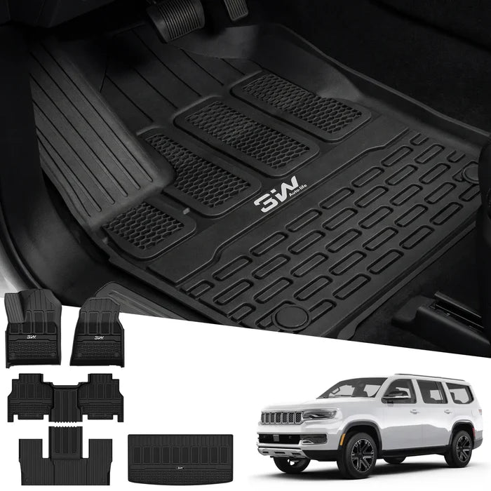 3W Floor Mats & Cargo Liner for Jeep Wagoneer 2022-2026 7-Seat (NOT for 8-Seat/L/S)， with 2nd Row Bench Seat All Weather Protection TPE Full Set Automotive Mat Car Floor Liners Accessories, Black
