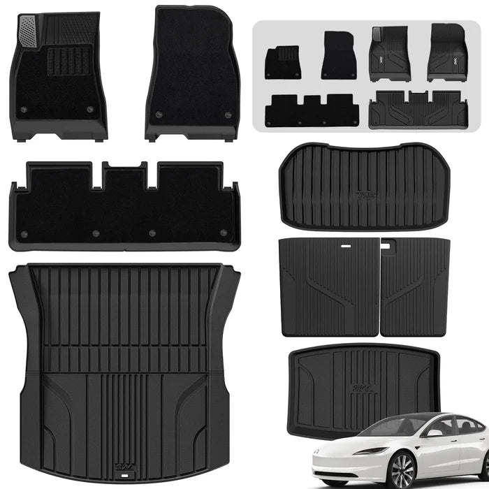 3W Tesla Model 3 Floor Mats 2026 2025 2024 with Metal Pedal & Carpets, Full Set with Cargo Liner, Highland All Weather Custom Fit Rear Trunk Mat Accessories Black