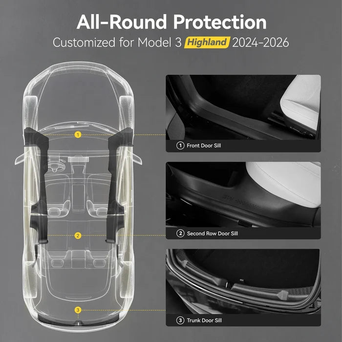 3W Tesla Model 3 Highland 2024-2026 Door Sill Guards 5PCS Trunk Protector Custom Fit Car Accessories TPE Anti-Kick Door Entry Cover