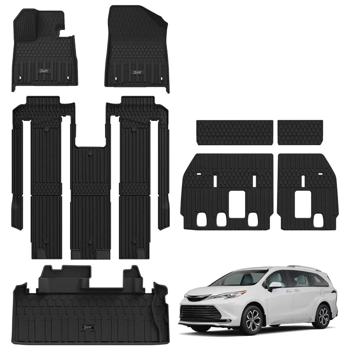 3W Floor Mats & Cargo Liner & Backrest Mats Fit Toyota Sienna 2024-2026 (Only for Platinum Version with Refrigerator) TPE Custom Fit Floor Liner and Trunk Mat for Sienna 7 Seat (w/o Spare tire) Black