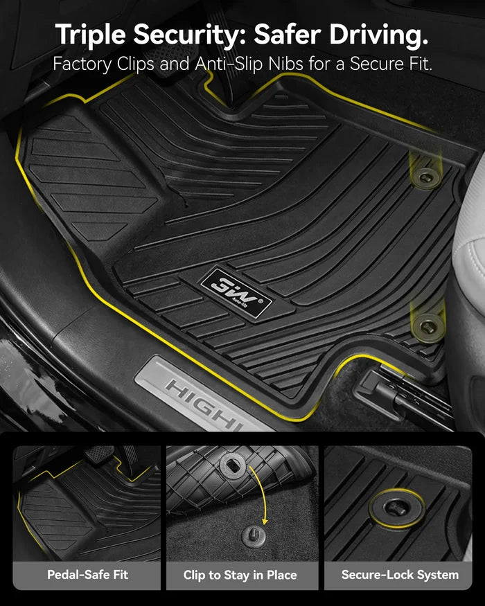 3W Floor Mats Fit 2020-2026 Toyota Highlander (Not for Hybrid), TPE, Black , All Weather TPE Liners Withstand Mud, Spills & Snow; Custom Fit Covers Every Inch, No Shifting; Fits 1st & 2nd Row & Cargo Liner