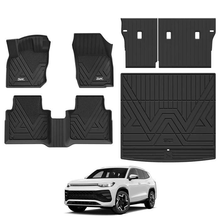3W Floor Mats & Cargo Liner & Seatback Mats for Volkswagen Tiguan 2025 2026, All-Weather Protection TPE Car Mats 2 Rows Full Set for VW Tiguan Accessories, Black