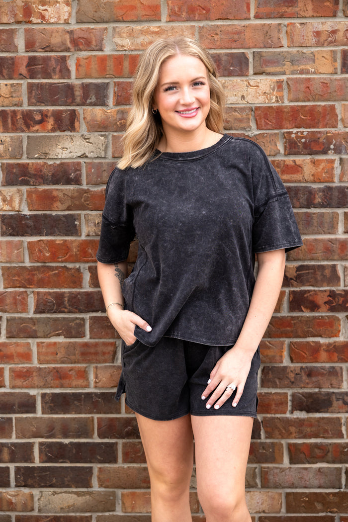 Acid Washed Short Sleeve Tee & Shorts Set Ash Black
