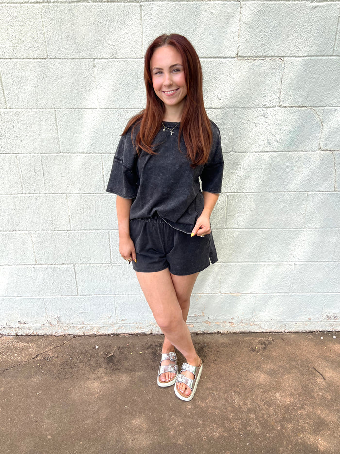 Acid Washed Short Sleeve Tee & Shorts Set Ash Black