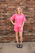 Acid Washed Short Sleeve Tee & Shorts Set Fuchsia