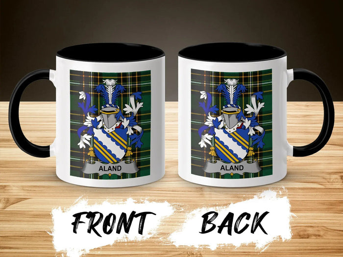 Aland Irish surname mug shown from front and reverse with black accents