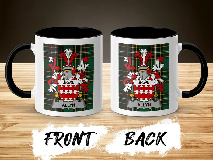 Allyn family crest mug shown from front and back on Irish National Tartan