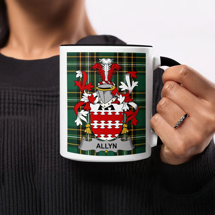 Allyn family crest accent mug on an Irish National Tartan background