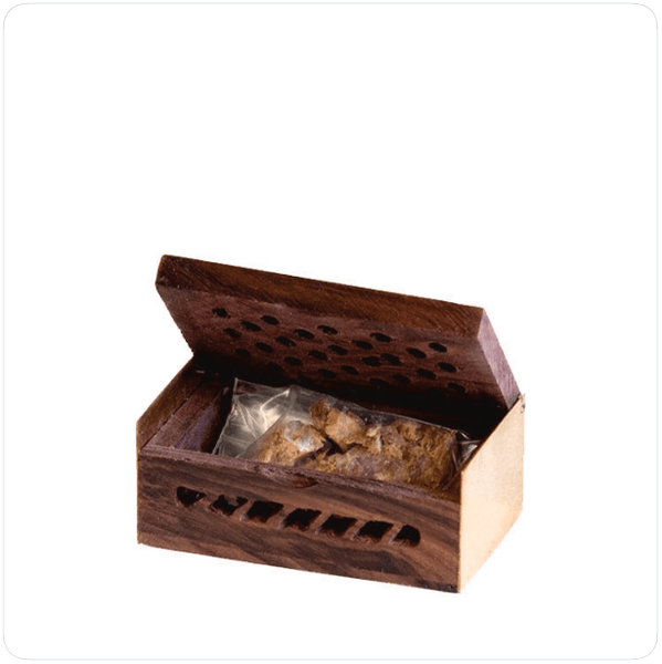 Amber Resin in a Hand Carved Wooden Box, from India