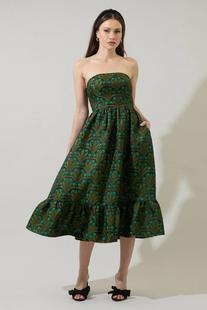 Aurra Jacquard Strapless Midi Dress