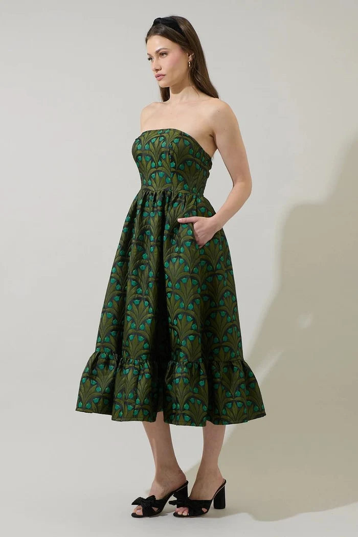 Aurra Jacquard Strapless Midi Dress