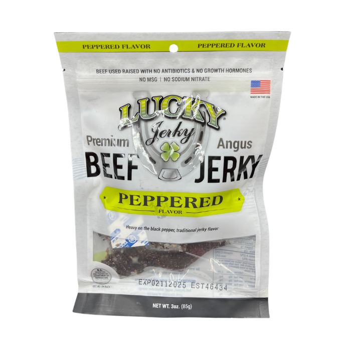A package of Lucky Beef Jerky with Peppered flavor. The packaging is predominantly white with green and black text, featuring an image of the jerky and branding information.