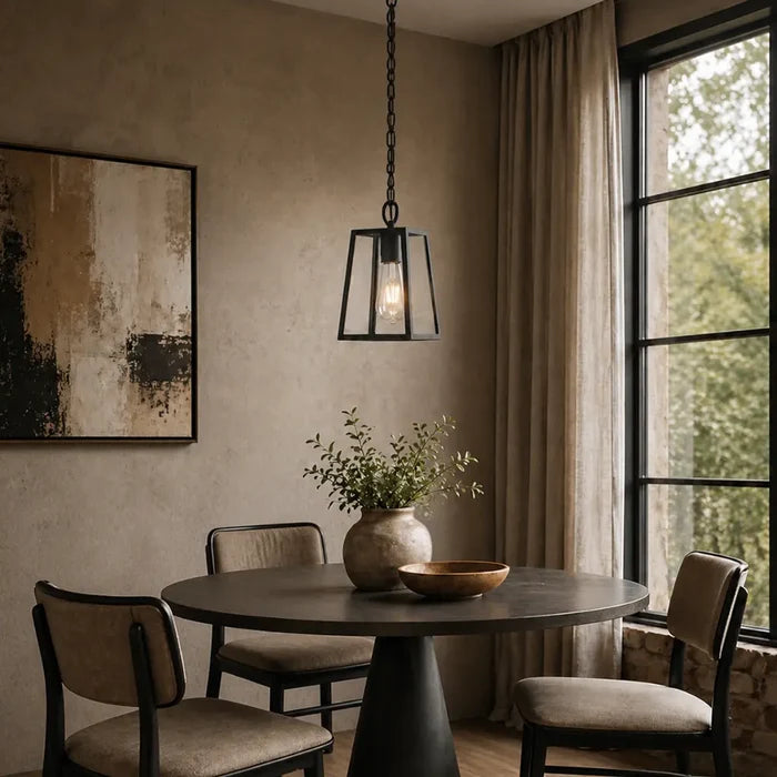 Black Outdoor Pendant Above Dining Table