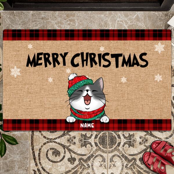 Christmas Custom Doormat, Gifts For Cat Lovers, Merry Christmas Buffalo Plaid Front Door Mat