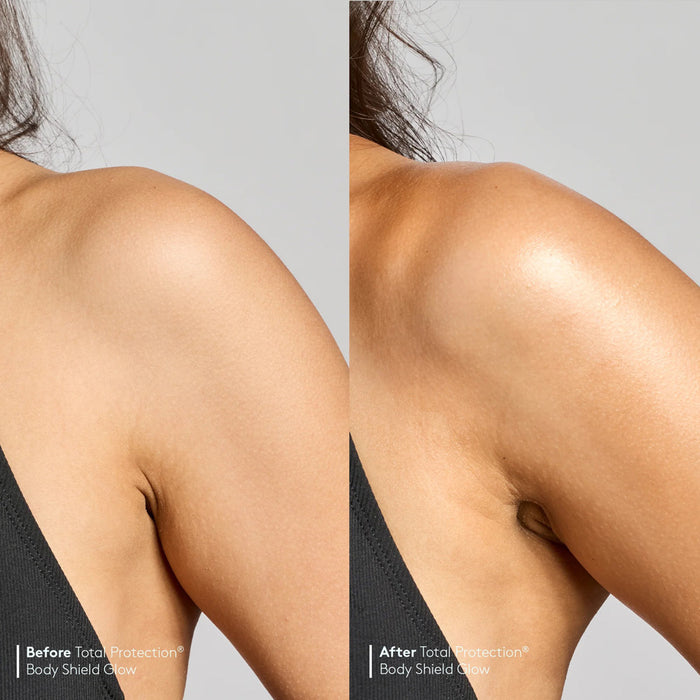 Before and after wearing Colorescience Total Protection Body Shield Glow SPF 50