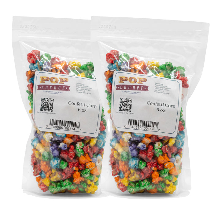 Two packages of Pop Corner Confetti Corn on a white background
