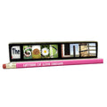 Pencil with letter-shaped photos spelling 'The Good Life' on a white background