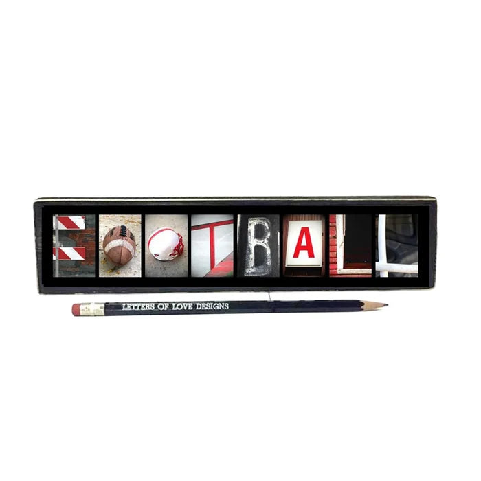 Decorative word block spelling 'FOOTBALL' with sports-themed letters and a pencil on a white background.