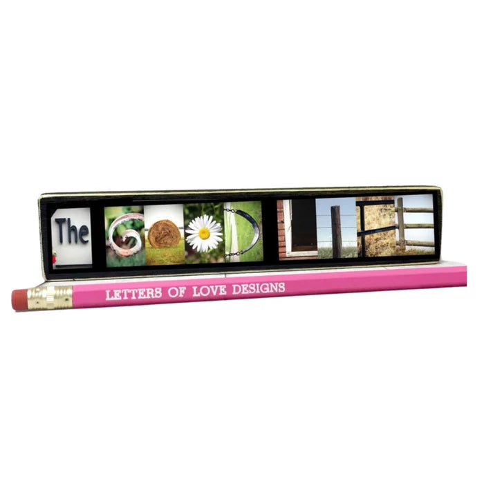 Pencil with letter-shaped photos spelling 'The Good Life' on a white background