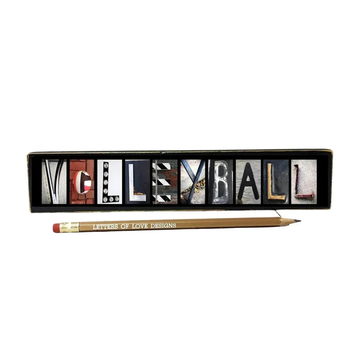 Decorative plaque with photos spelling out 'Volleyball' on a white background