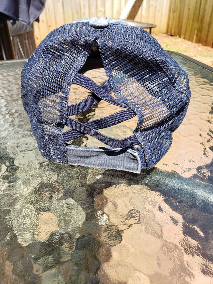 Denim criss cross ponytail hat