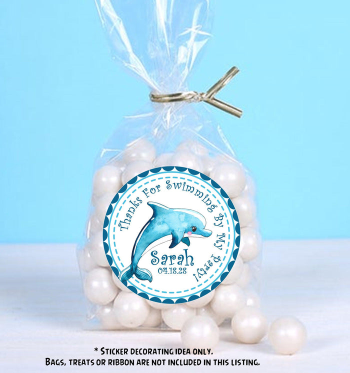 Under the sea dolphin party favor label with blue ocean border