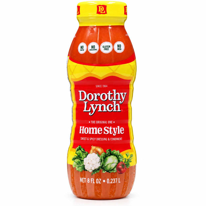 An 8 fl oz bottle of Dorothy Lynch Home Style Gluten Free Slivered Salad Dressing, featuring a bright red and yellow label with the brand name and product details, set against a plain white background.