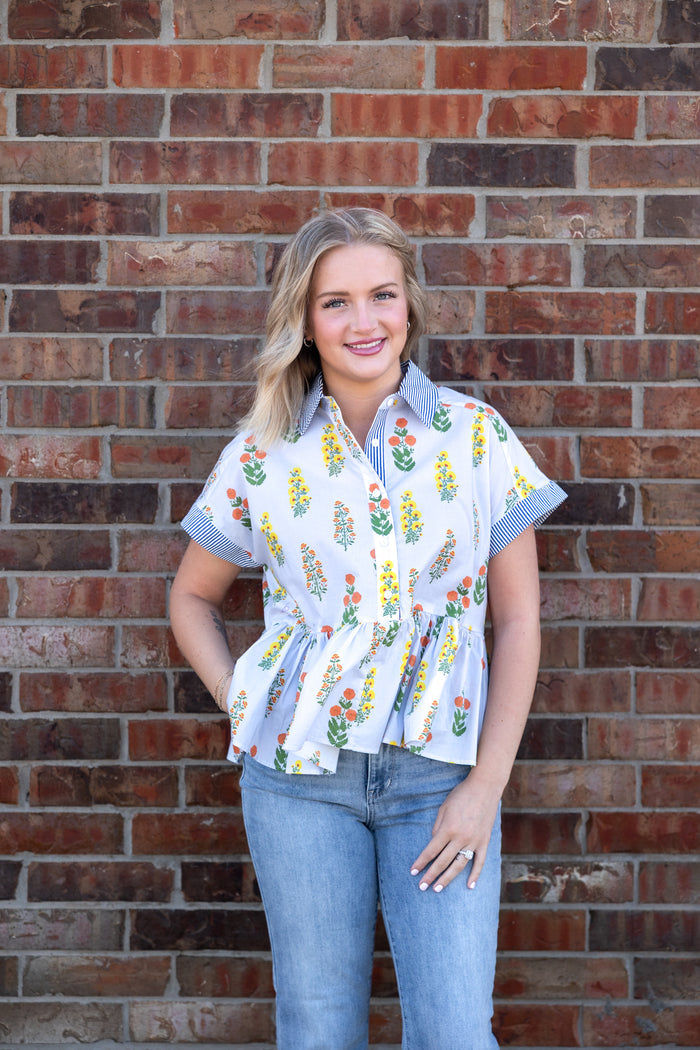 Drop Shoulder Button Down Top Light Blue