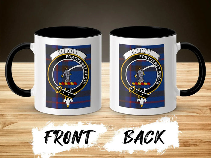 Elliott clan crest mug front and back view — Fortiter et Recte tartan design on ceramic