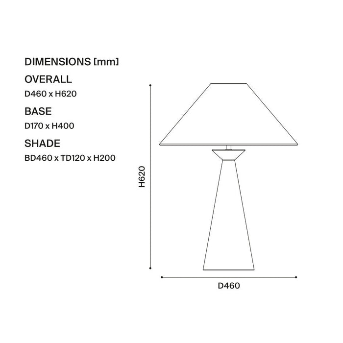 Mayfield Emba table lamp dimensions D460 x H620mm diagram
