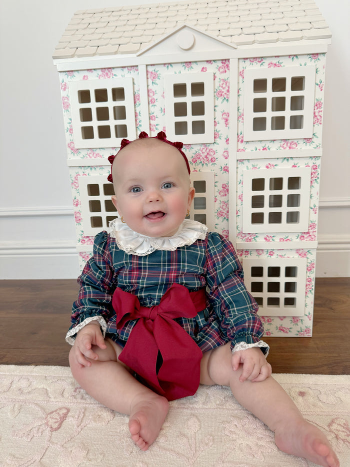 Florencia Green Tartan Velvet Long Sleeves Bow Romper
