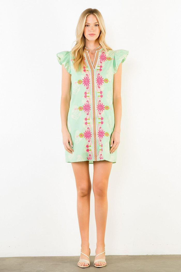 Flutter Sleeve Floral Embroidery Detail Dress