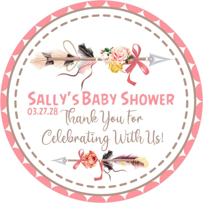 Pink floral tribal arrow baby shower sticker with watercolor flowers