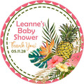 Tropical pineapple and floral baby shower sticker with pink and green leaves