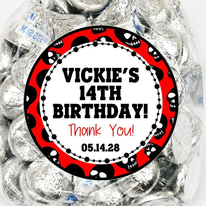 Red and black skull birthday sticker with personalized details