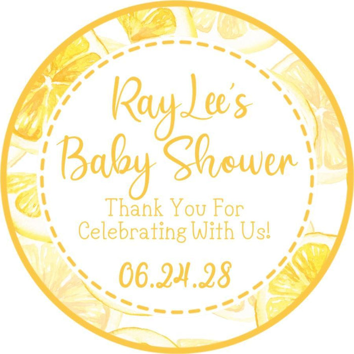Lemon-themed baby shower sticker with bright yellow citrus border