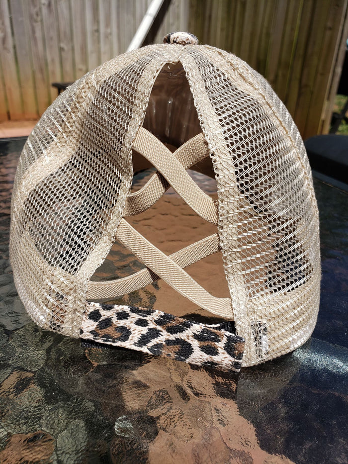 Leopard criss cross ponytail hat