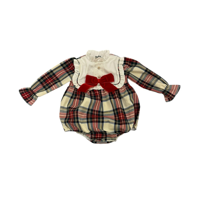 Lorenza Tartan Velvet Long Sleeves Bow Romper