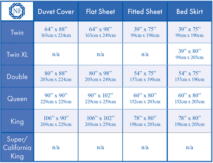 Bed linens size chart | Northern Feather Canada