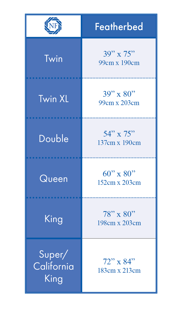 Featherbed Size chart | Northern Feather Canada