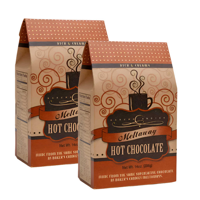 Two packages of Meltaway Hot Chocolate on a white background
